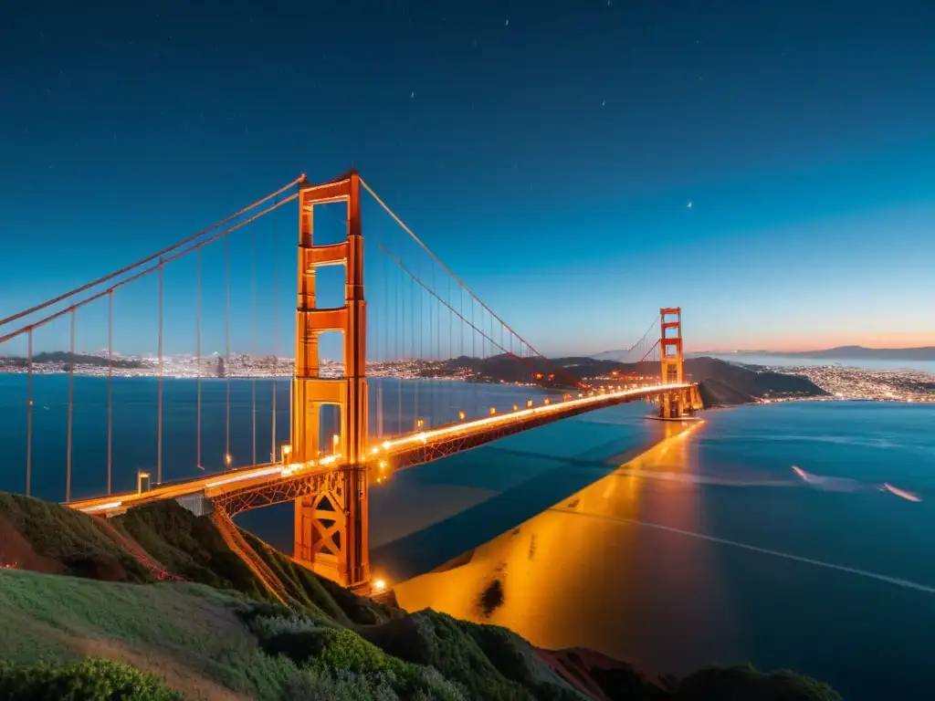 Fotografía nocturna de puentes icónicos: el Golden Gate Bridge resplandece dorado bajo las luces nocturnas, reflejándose en las aguas calmadas