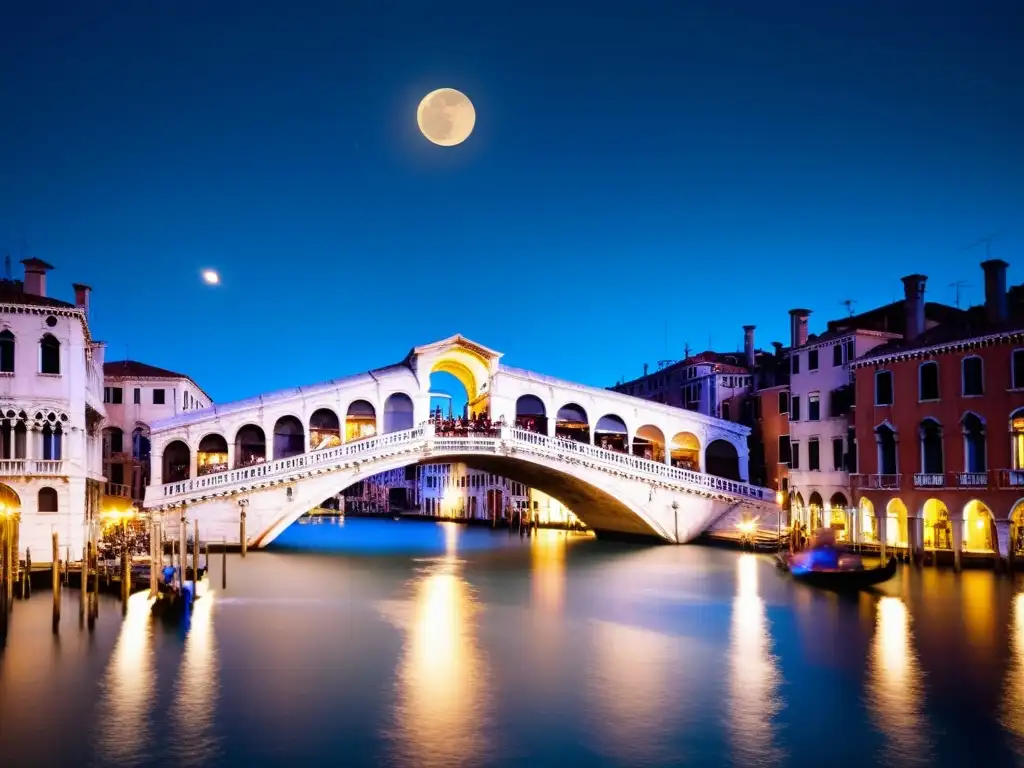 Fotografía nocturna de puentes icónicos: el icónico Puente de Rialto en Venecia, bañado en cálida luz nocturna y reflejos de luna en el Gran Canal