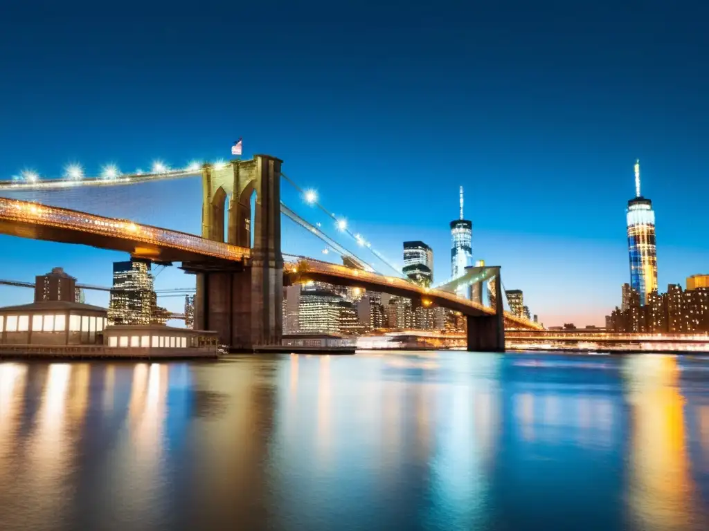 Una fotografía nocturna de puentes icónicos, con el Brooklyn Bridge iluminado por cálidas luces doradas y la brillante ciudad de Nueva York de fondo