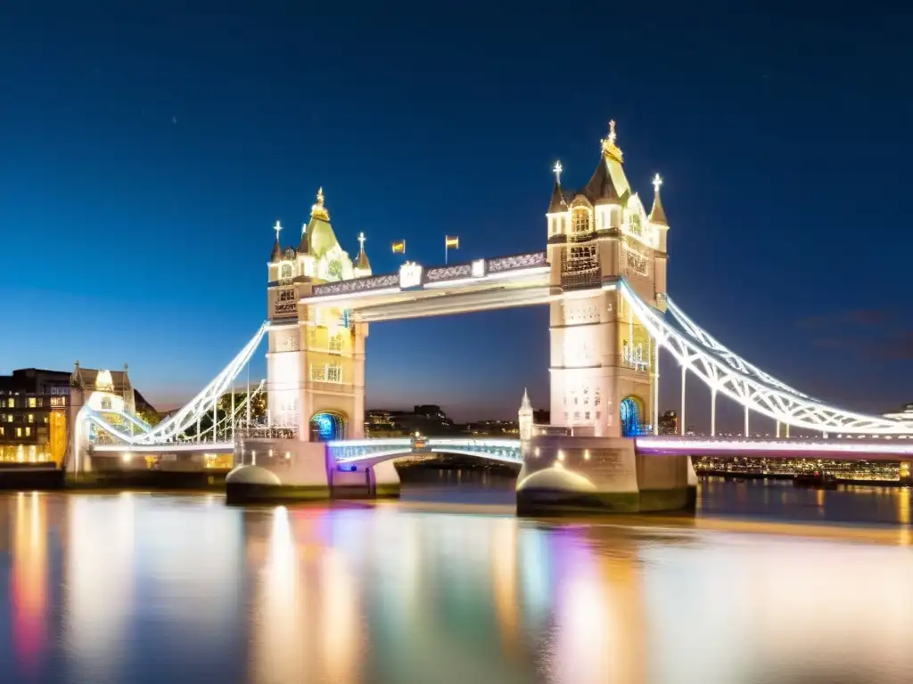 Fotografía nocturna de puentes icónicos: la majestuosa Torre de Londres iluminada por luces coloridas, reflejándose en el sereno río Támesis