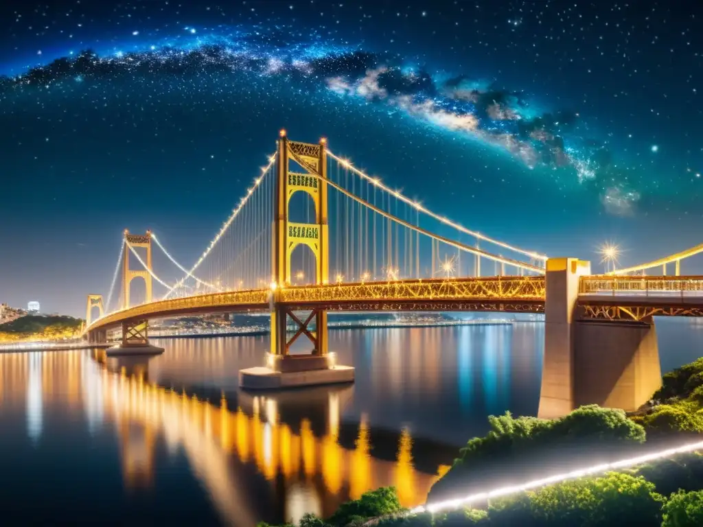 Fotografía nocturna de puentes icónicos: Majestuoso puente iluminado con luces de la ciudad reflejándose en el agua, bajo un cielo estrellado