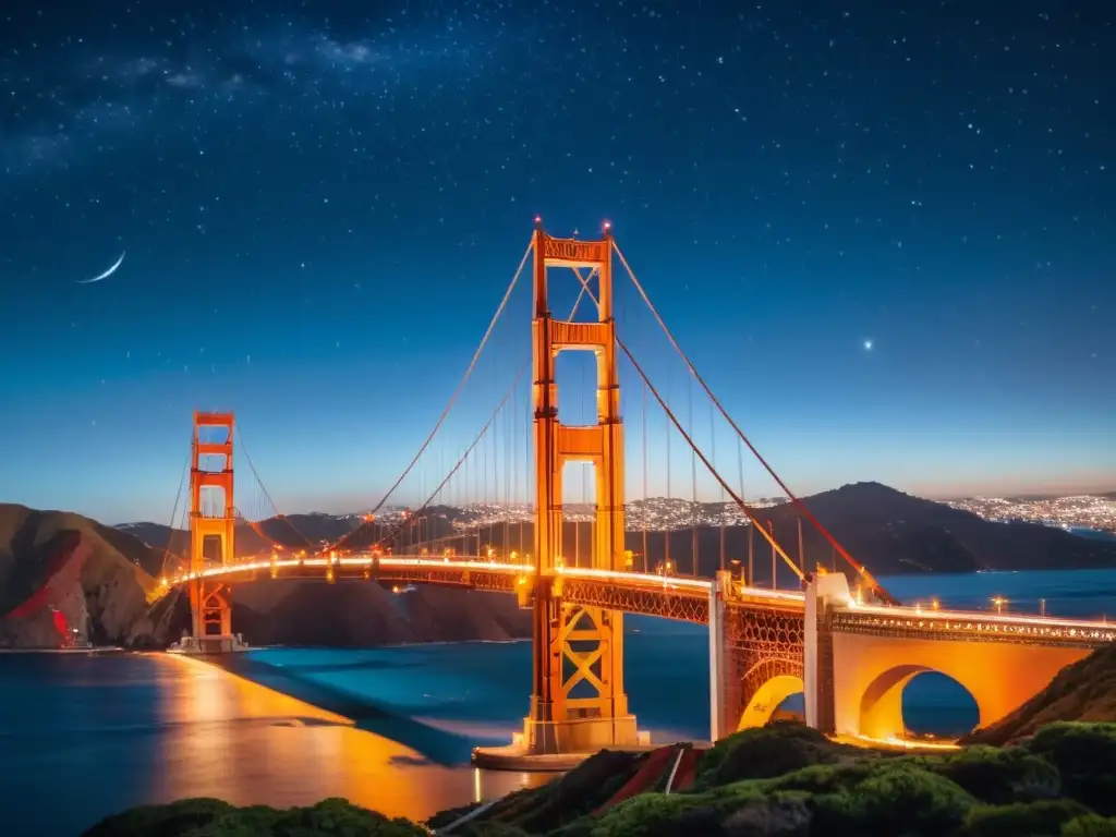 Fotografía nocturna de puentes icónicos: Majestuoso Puente Golden Gate iluminado, reflejando sus luces en aguas serenas