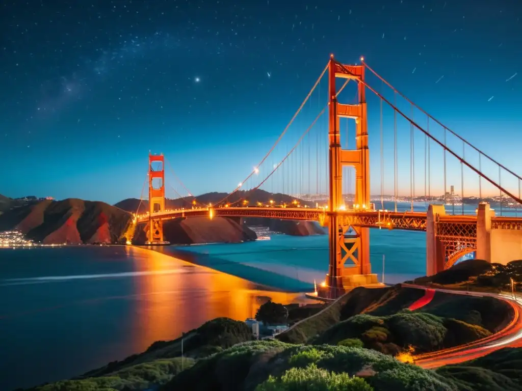 Fotografía nocturna de puentes icónicos: El Puente Golden Gate brilla en la oscuridad, con luces de autos creando un efecto visual hipnotizante