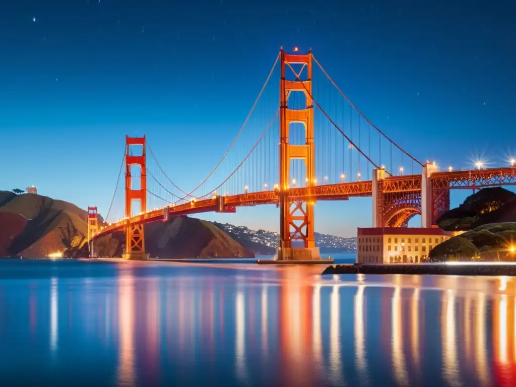 Fotografía nocturna de puentes iluminados: El majestuoso Golden Gate Bridge iluminado en la noche, reflejándose en la tranquila bahía de San Francisco