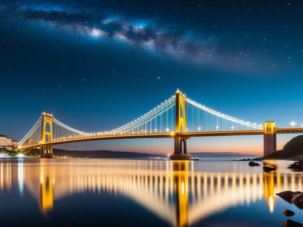 Fotografía nocturna de puentes iluminados: majestuoso puente iluminado destacando contra el cielo estrellado, reflejos vibrantes en el agua