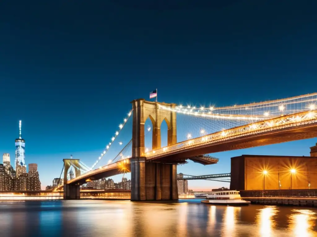 Fotografía nocturna de puentes iluminados: Brooklyn Bridge en la noche, reflejos en el East River