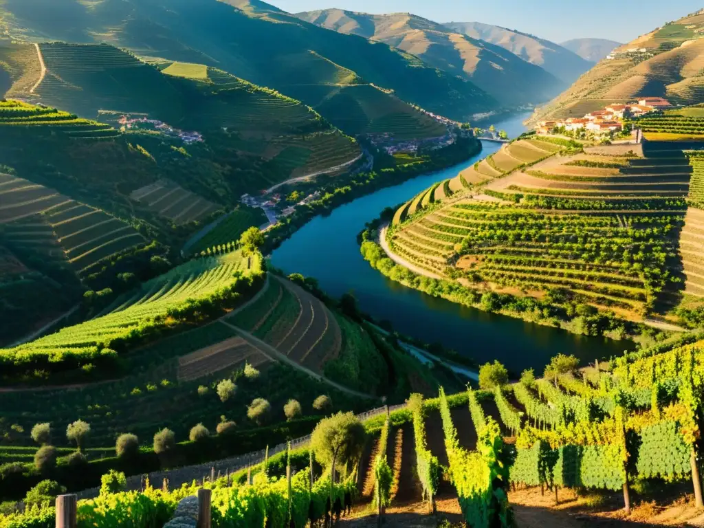 Paisaje dorado del Valle del Duero al atardecer, con puentes icónicos en itinerarios enológicos en Portugal