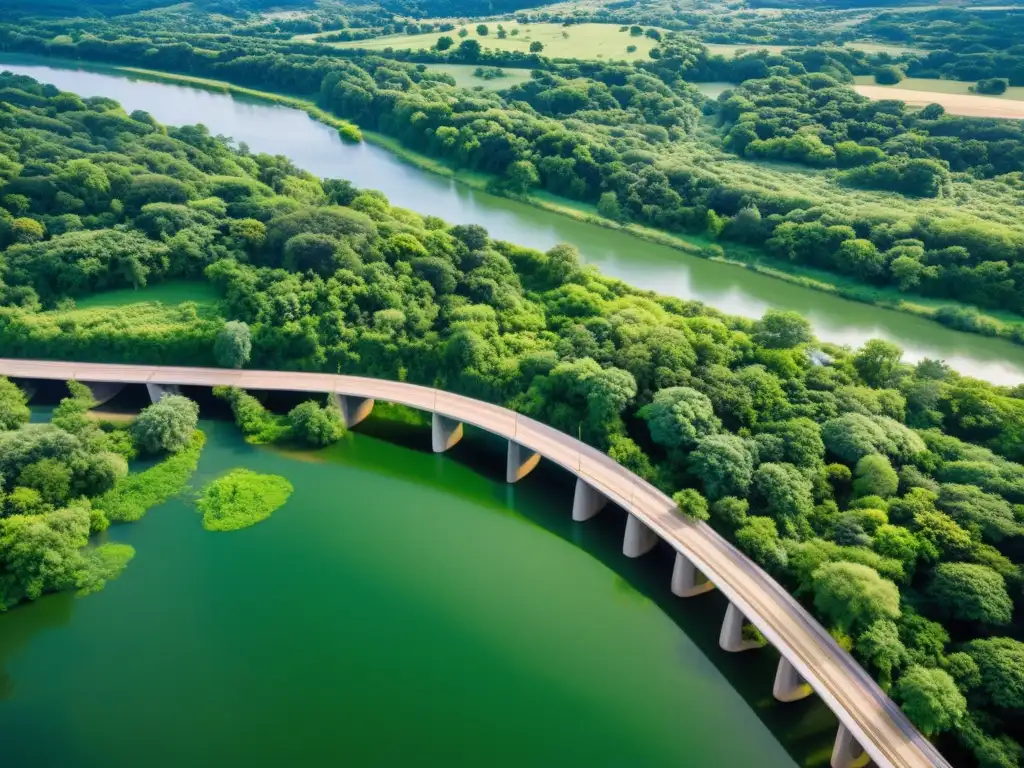 Paisaje exuberante con puentes ecológicos integrados en la naturaleza, fomentando la coexistencia armoniosa