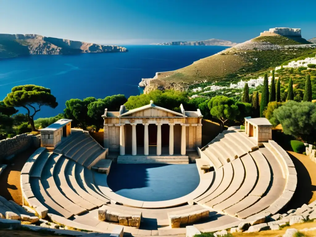 Paisaje impresionante de un teatro antiguo griego, con asientos de piedra y escenario, resaltando la grandeza y la historia