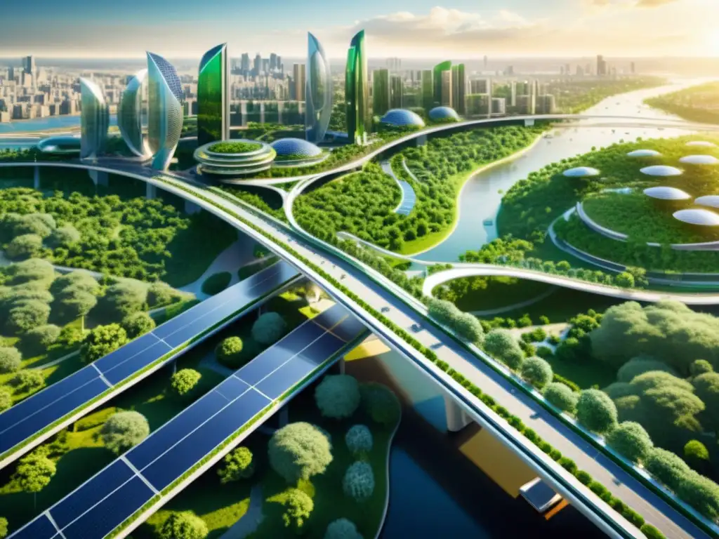 Un paisaje urbano futurista con puentes solares y edificios inteligentes, reflejando innovación y eficiencia en la infraestructura urbana