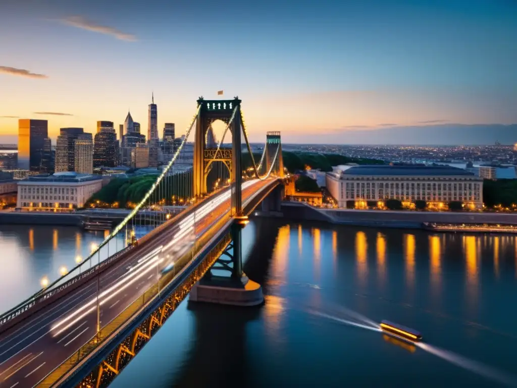 Paisaje urbano con puente icónico del cine, majestuoso al anochecer con luces de la ciudad reflejadas en el agua