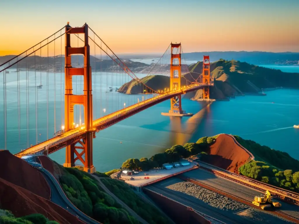 Panorámica de la construcción del puente Golden Gate al atardecer, mostrando la grandiosidad y complejidad de la construcción de puentes emblemáticos