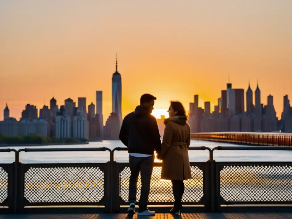 Una pareja abrazada en el Puente de Queens al atardecer, con el icónico skyline de Nueva York de fondo, capturando el romance eterno