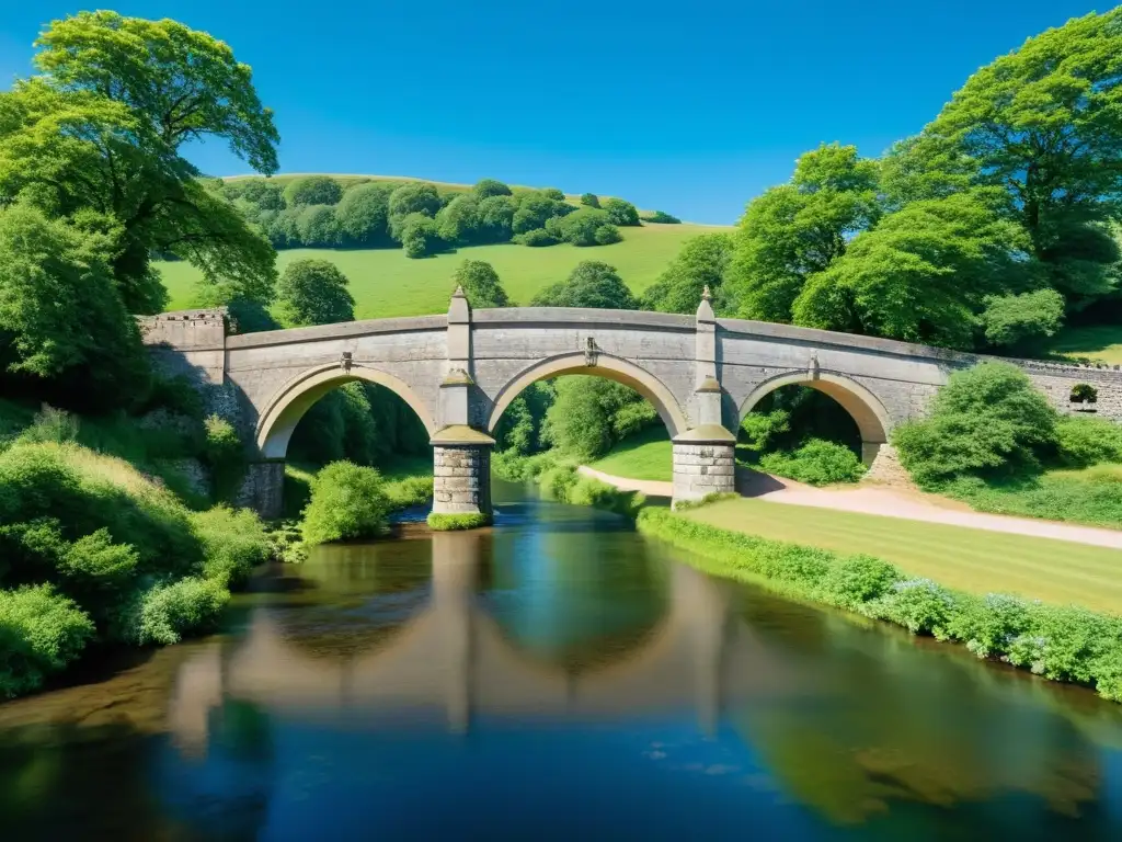 Pareja camina de la mano en un puente emblemático para enamorados sobre un río tranquilo, rodeado de naturaleza exuberante y cielo azul claro