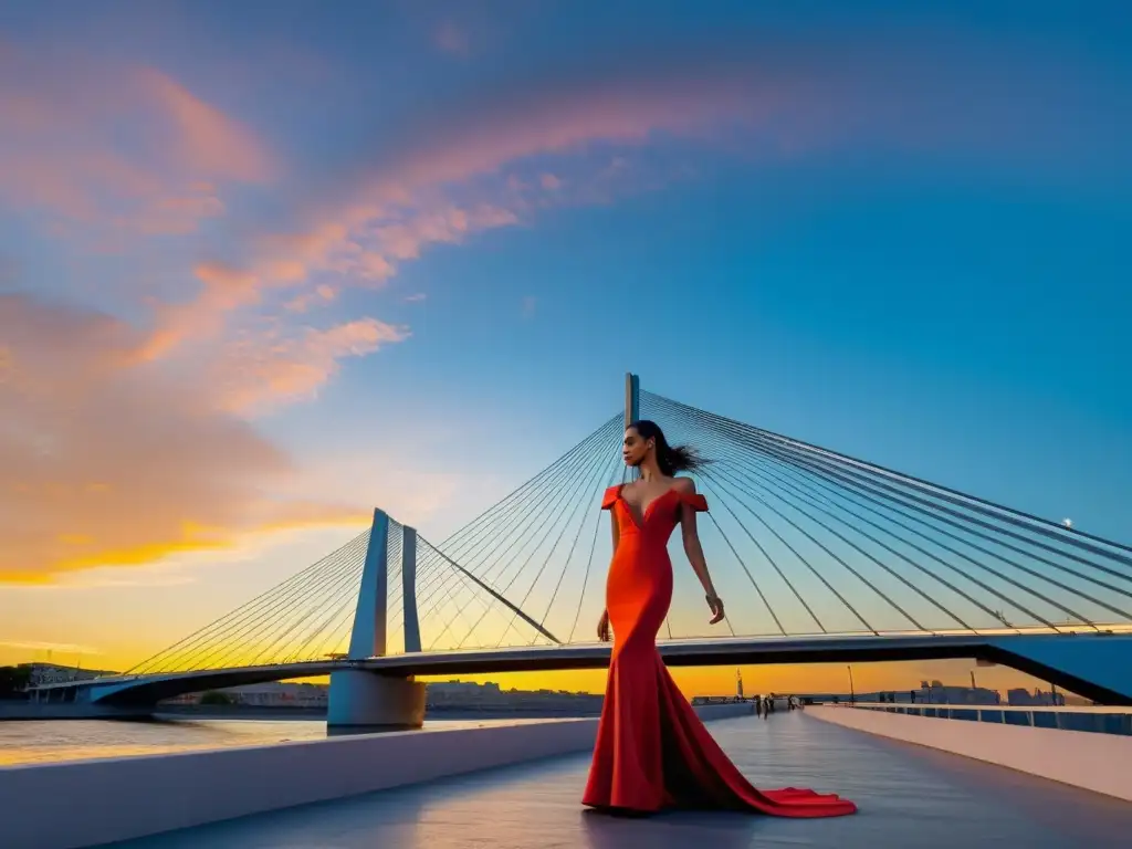 Pasarelas de moda en puentes icónicos: Desfile de moda en el Puente de la Constitución de 1812 al atardecer, fusionando arte y arquitectura