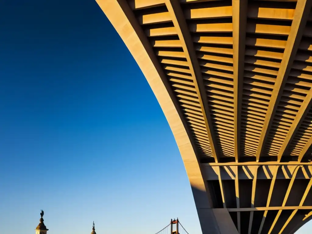 Una fotografía perfecta del Puente de la Constitución, destacando la arquitectura detallada y el juego de luces y sombras en su superficie