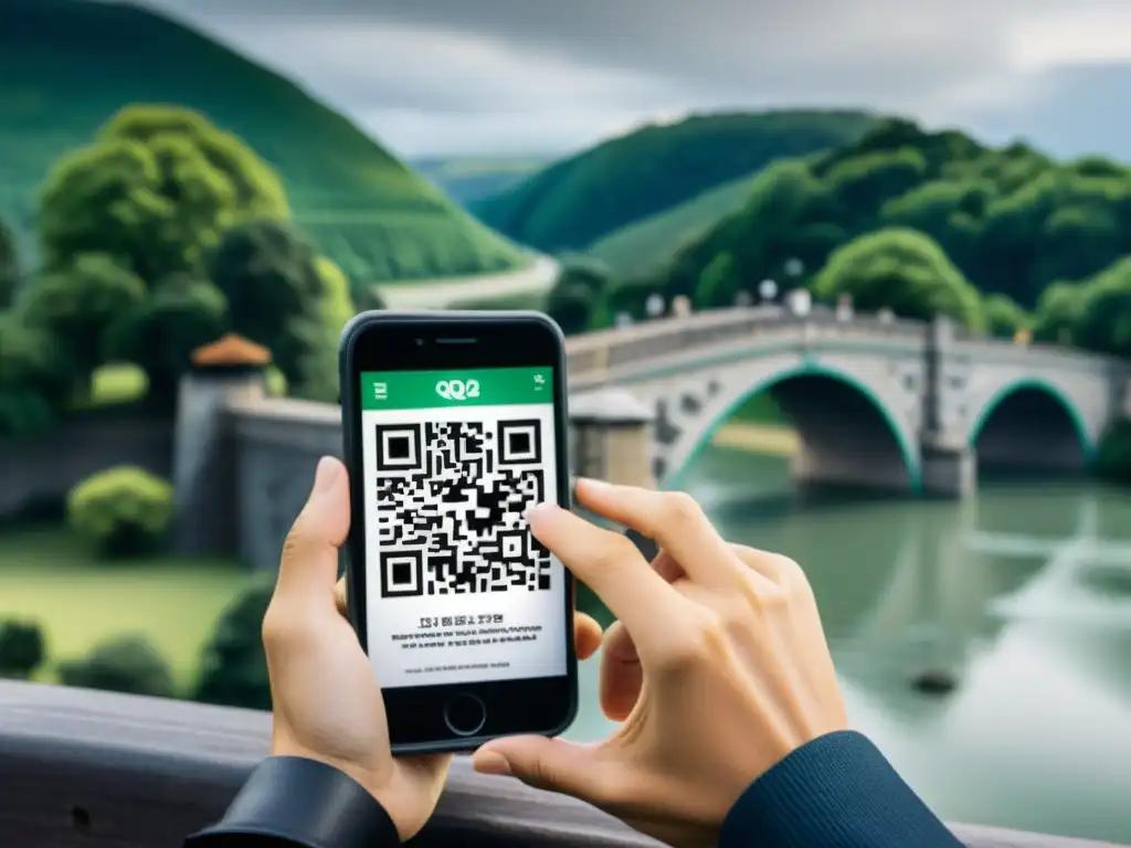 Persona escaneando un código QR en un puente icónico, fusionando historia y tecnología