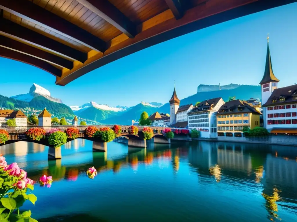 Pintoresco puente medieval de madera adornado con flores y pinturas históricas en Lucerna, Suiza