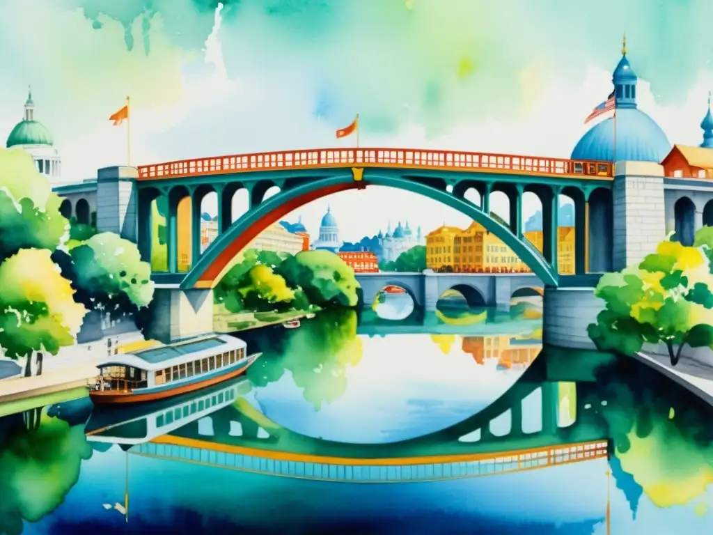 Pintura acuarela contemporánea detallada de puentes icónicos, reflejos en el agua y paisajes urbanos, con colores vibrantes