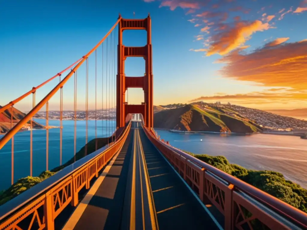 Pintura detallada del Puente Golden Gate al atardecer, resaltando sus cables de acero y detalles arquitectónicos