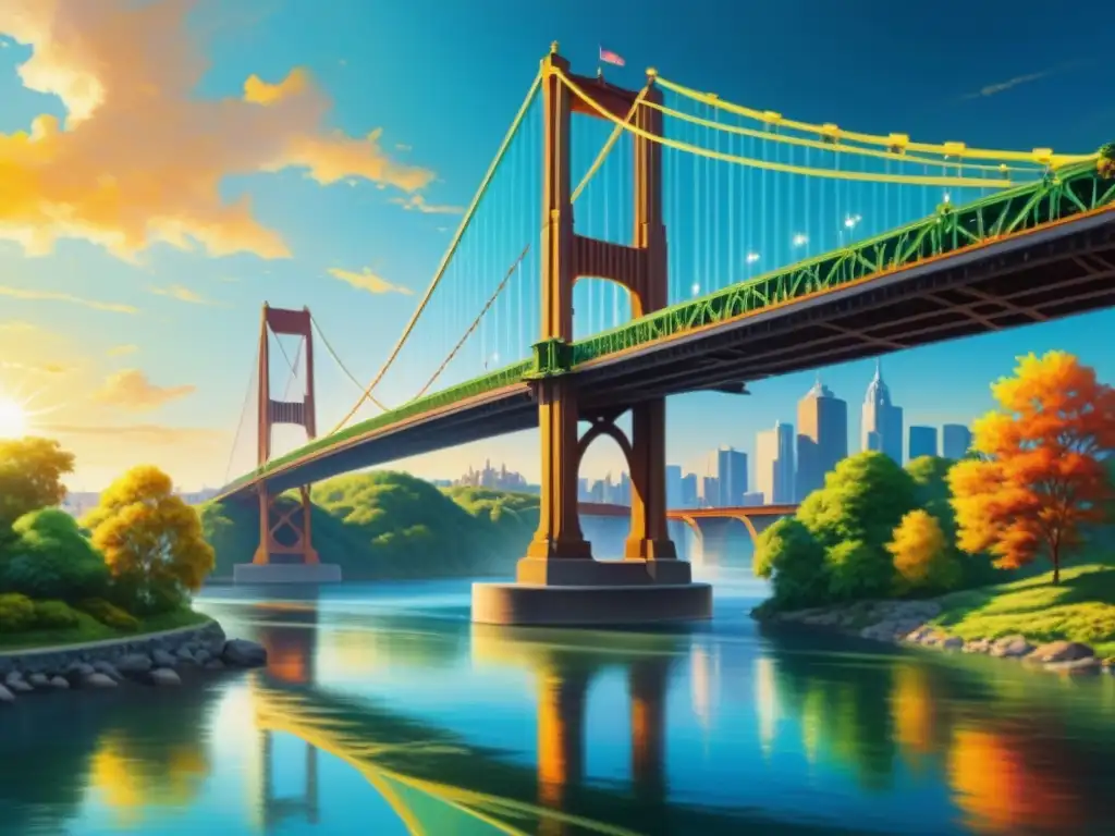 Pintura detallada de un puente icónico con pinceladas vibrantes y realismo paisajístico