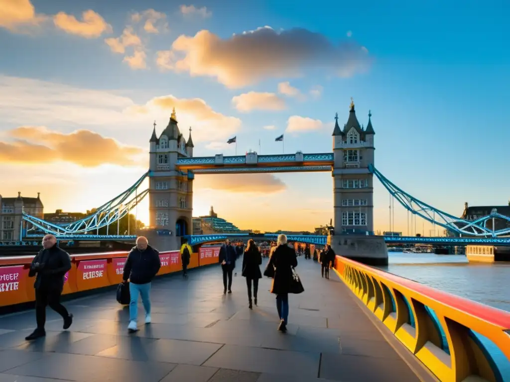 Pinturas y esculturas en puentes: La icónica Torre de Londres en un atardecer vibrante, con arte contemporáneo iluminado por el sol