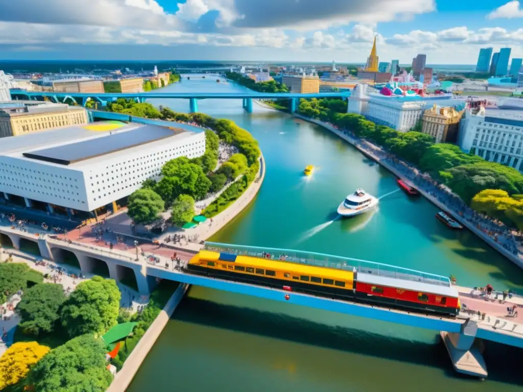 Pinturas y esculturas en puentes: Vista aérea impresionante de un puente adornado con coloridas pinturas y esculturas, fusionando arte y arquitectura urbana