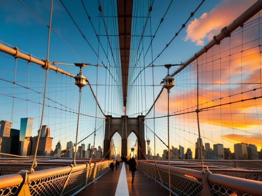 Pinturas de puentes icónicos: el Brooklyn Bridge con sus detalles góticos, cables de acero y un atardecer vibrante sobre el río