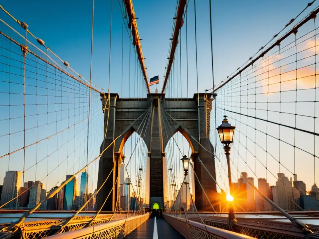 Pinturas de puentes icónicos: El Puente de Brooklyn al atardecer, bañado por la cálida luz del sol con reflejos dorados en el río y la ciudad