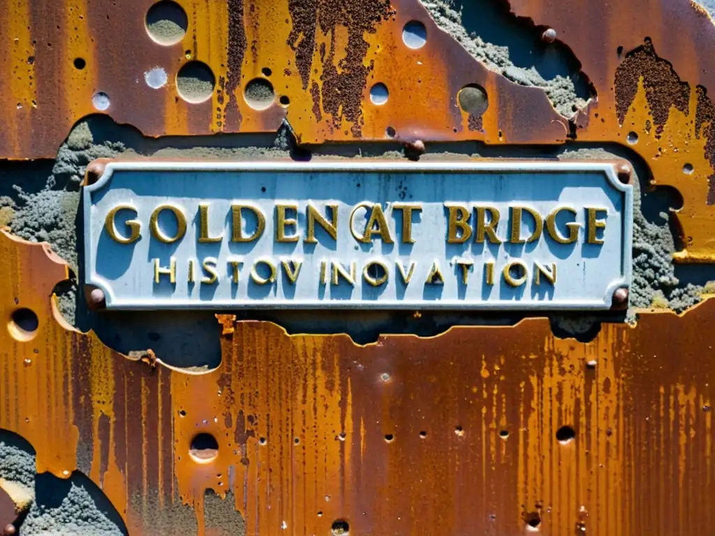 Una placa desgastada con la inscripción 'Golden Gate Bridge: Historia e Innovación' sobre un muro de piedra, rodeada de óxido y pintura descascarada