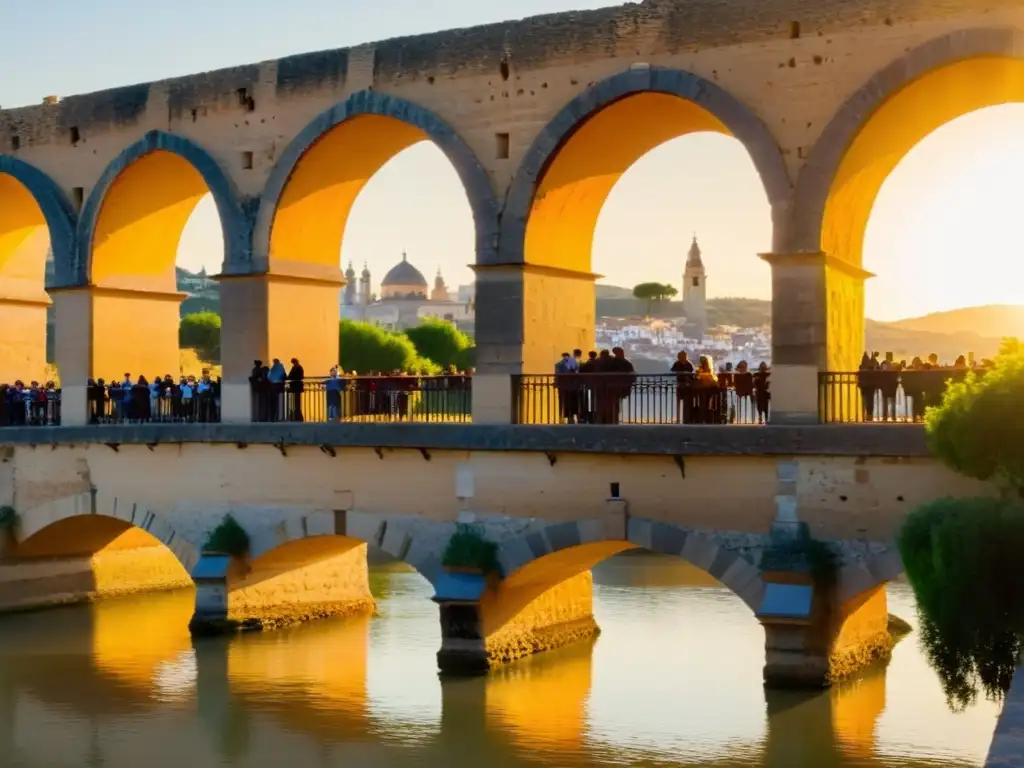 Poetas recitan versos al atardecer en el Puente Romano de Córdoba, creando una atmósfera de profunda reverencia y rica herencia cultural