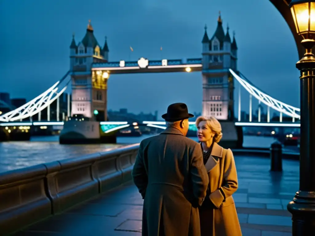 Bob Hoskins y Helen Mirren en primer plano, con el icónico Puente de la Torre de Londres de fondo, evocando la presencia cinematográfica de la ciudad