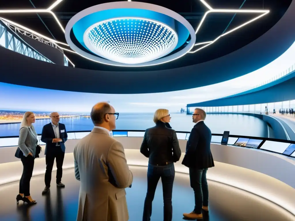 Profesionales y visitantes exploran exhibición innovadora en el Puente Øresund, con diseño arquitectónico moderno y tecnología de vanguardia