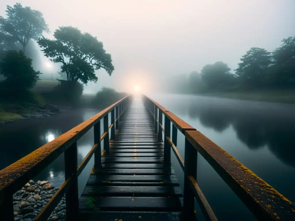 Un puente abandonado envuelto en niebla, evocando una atmósfera ominosa