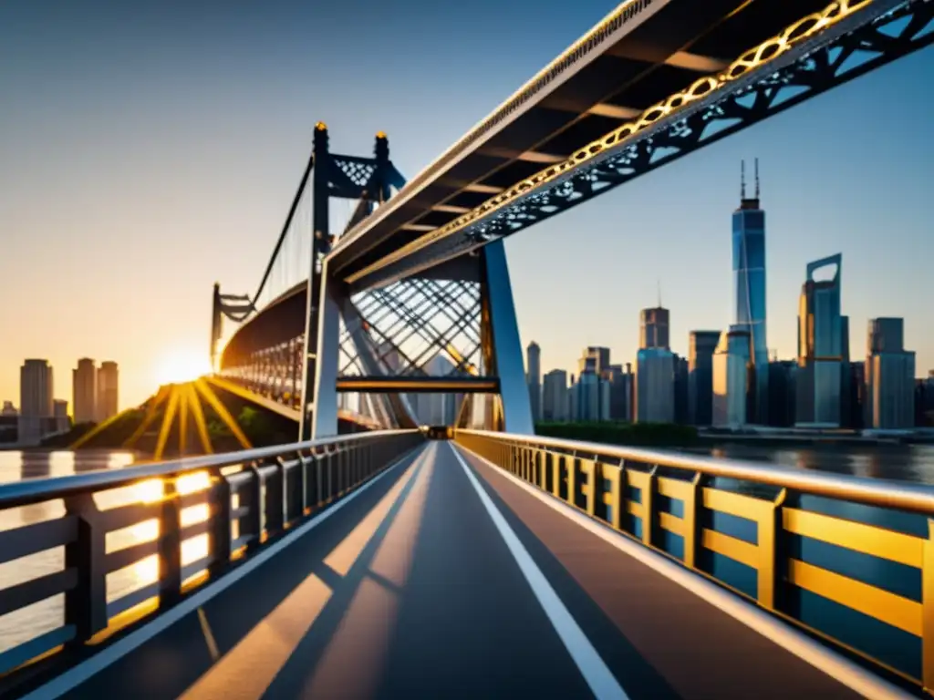 Un puente de acero futurista sobre un río, con la ciudad moderna al fondo y un cálido atardecer