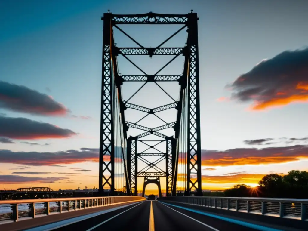 Fotografía de un puente de acero majestuoso en blanco y negro al atardecer, con un impresionante contraste de luces y sombras