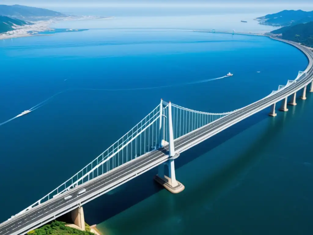 Ingeniería detrás del Puente AkashiKaikyō: impresionante vista aérea del puente, destacando su inmensa longitud y diseño elegante sobre aguas azules