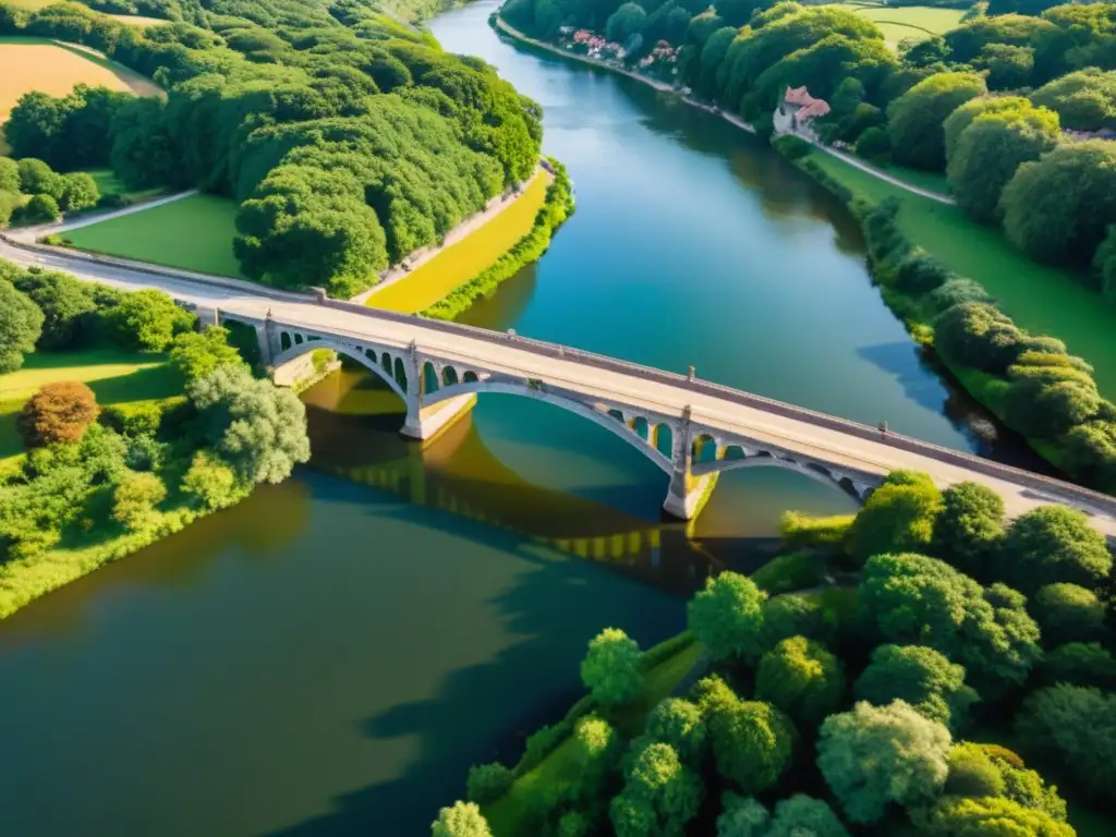 Puente antiguo capturado con drone, mostrando detalles arquitectónicos y paisaje sereno