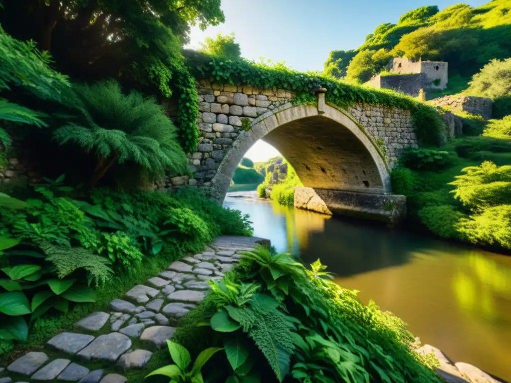 Un puente antiguo rodeado de exuberante vegetación, con sombras dramáticas bajo la luz del sol