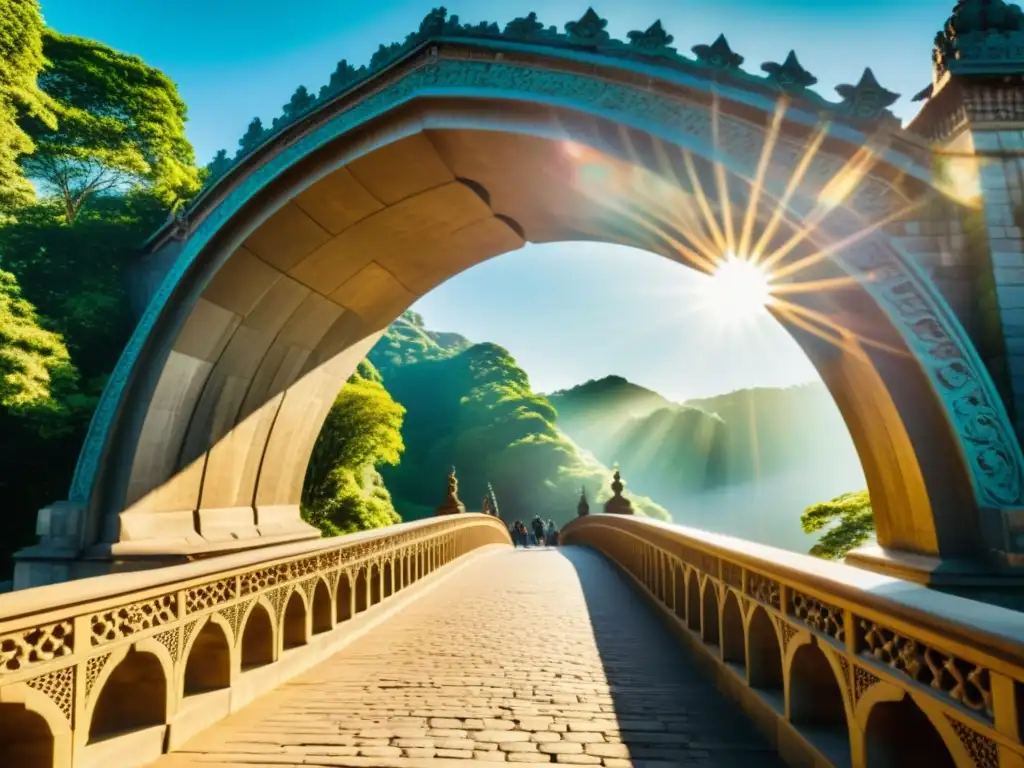 Un puente arqueado muestra detalles arquitectónicos impresionantes, con gente paseando y un paisaje sereno