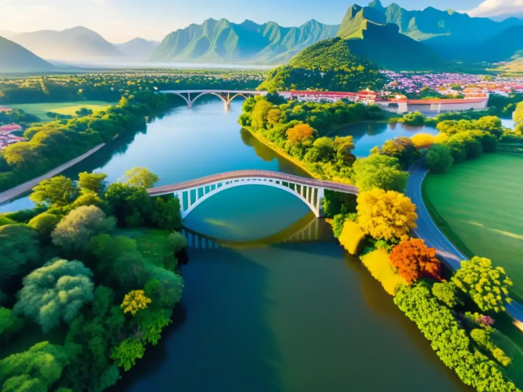 Un puente arqueado cruza un río tranquilo, rodeado de naturaleza exuberante y flores coloridas