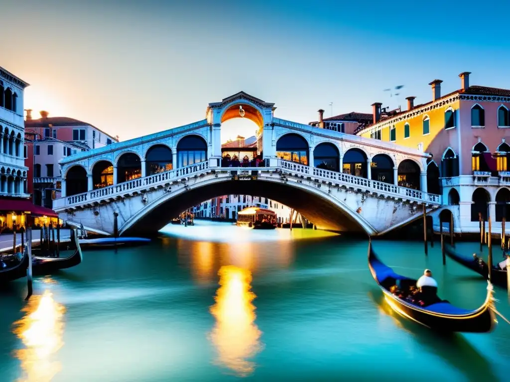 El Puente de Rialto en Venecia, con su arquitectura histórica y detalles ornamentados, bañado por la cálida luz del sol