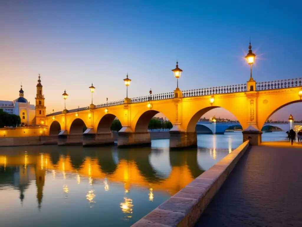 El Puente de Triana en Sevilla, con su arquitectura tradicional y ambiente cultural, iluminado por la cálida luz del atardecer