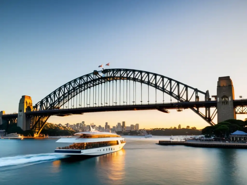 El Puente de la Bahía de Sídney se destaca al atardecer, bañado por una cálida luz dorada, mientras barcos pasan por debajo