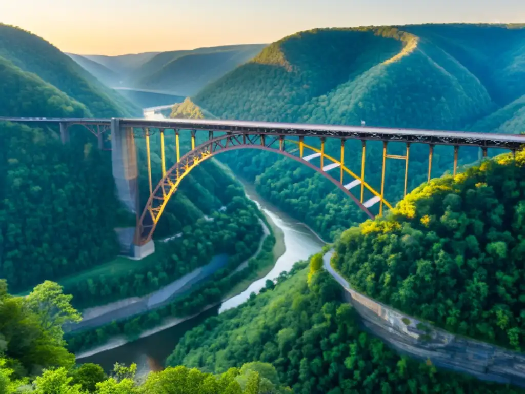 Puente de Nuevo Río Gorge al atardecer: ingeniería y belleza natural Puente New River Gorge ingeniería: atardecer dorado sobre el majestuoso puente de acero, cruzando el exuberante desfiladero verde