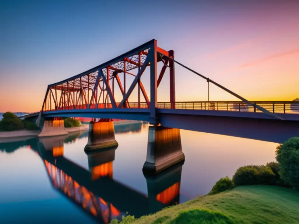 Fotografía de puente al atardecer con efectos postproducción fotos puentes, reflejando la belleza y la majestuosidad del diseño arquitectónico