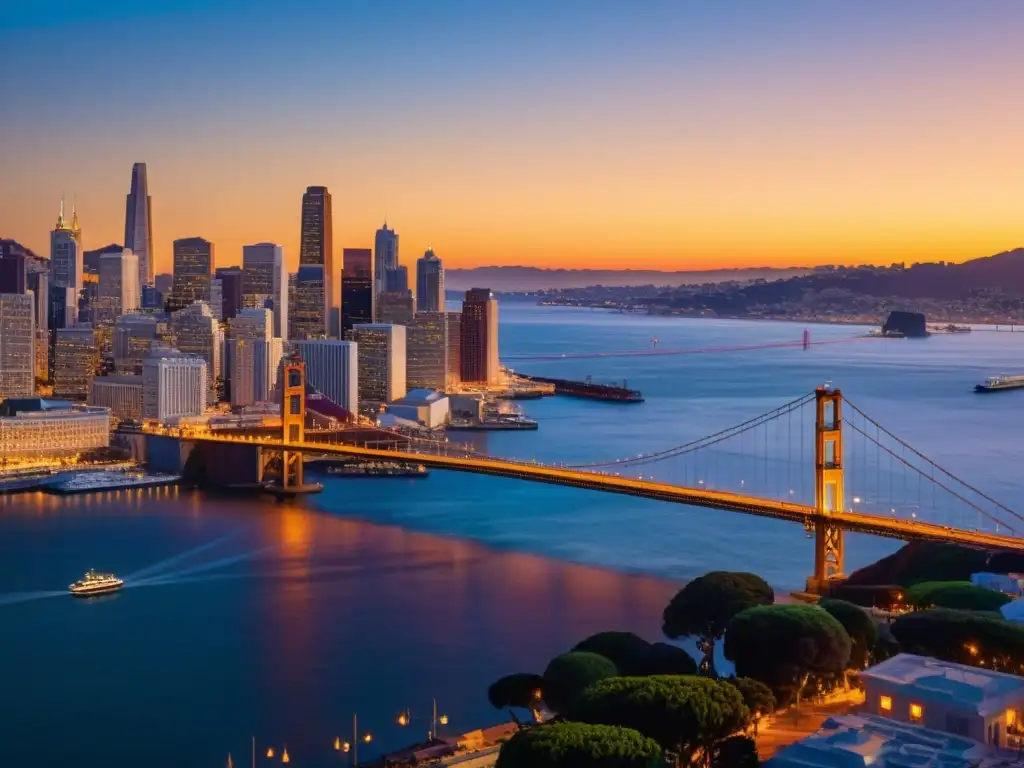 El Puente de San FranciscoOakland Bay resplandece al atardecer, reflejando su esplendor en el agua