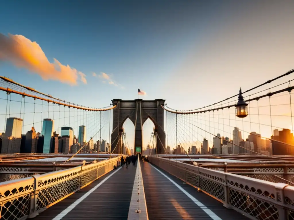 Una fotografía de alta resolución del Puente de Brooklyn al atardecer, capturando su magnificencia con el skyline de la ciudad de fondo