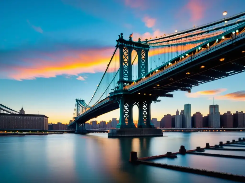 El puente de Manhattan al atardecer, reflejado en el río, ilumina la ciudad, transmitiendo su impacto cultural en artistas visuales