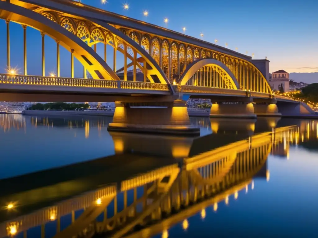 Fotografía perfecta del Puente de la Constitución al atardecer, con el resplandor dorado del sol y la ciudad iluminada de fondo